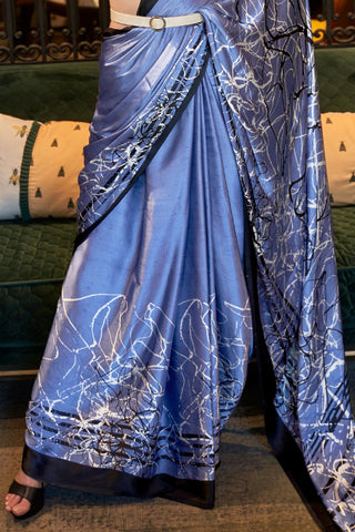 BLUE PRINTED JAPAN SATIN CREPE SAREE