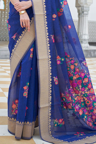 BLUE PURE LINEN WEAVING SAREE