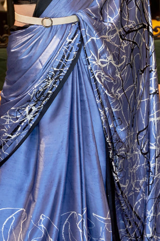 BLUE PRINTED JAPAN SATIN CREPE SAREE