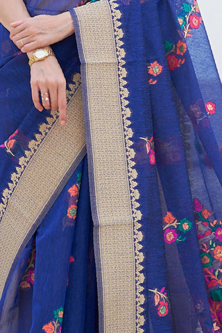 BLUE PURE LINEN WEAVING SAREE