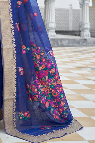 BLUE PURE LINEN WEAVING SAREE