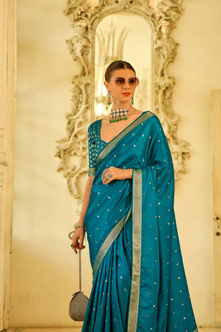 Blue Pure Satin Handwoven With Zari Weaving Saree