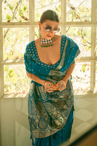 Blue Pure Satin Handwoven With Zari Weaving Saree