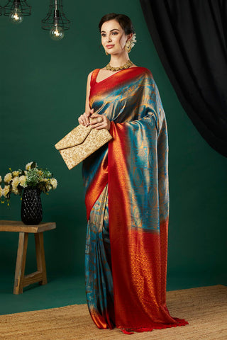 Blue & Orange Soft Kanjeevaram Silk Saree_Kumari Sarees