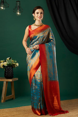 Blue & Orange Soft Kanjeevaram Silk Saree_Kumari Sarees