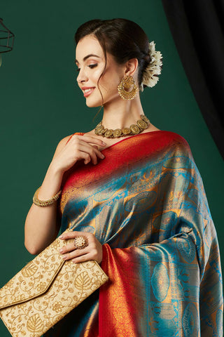 Blue & Orange Soft Kanjeevaram Silk Saree_Kumari Sarees
