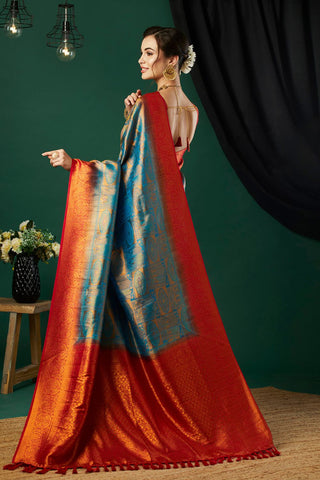Blue & Orange Soft Kanjeevaram Silk Saree_Kumari Sarees