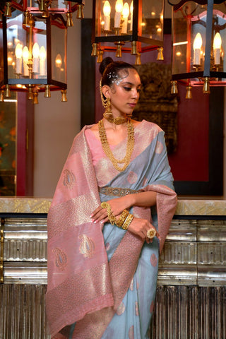 LIGHT BLUE & PINK PURE LINEN WEAVING SAREE