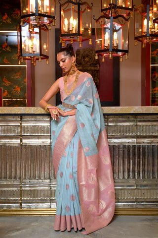 LIGHT BLUE & PINK PURE LINEN WEAVING SAREE