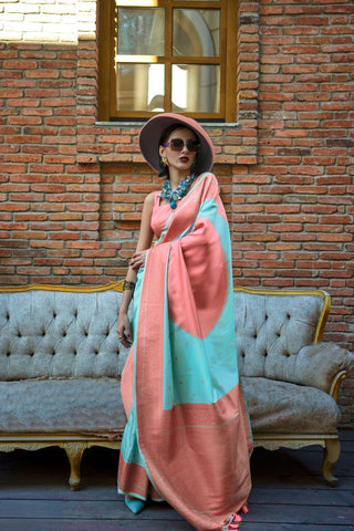 Sky Blue & Pink Soft Silk Handloom Weaving Saree