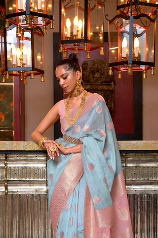 LIGHT BLUE & PINK PURE LINEN WEAVING SAREE