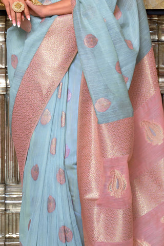 LIGHT BLUE & PINK PURE LINEN WEAVING SAREE