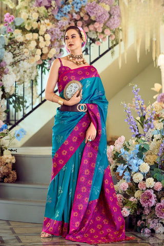 Blue & Pink Soft Silk Ikkat Border Saree_Kumari Sarees