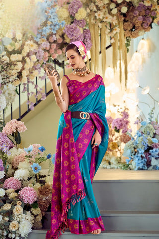 Blue & Pink Soft Silk Ikkat Border Saree_Kumari Sarees