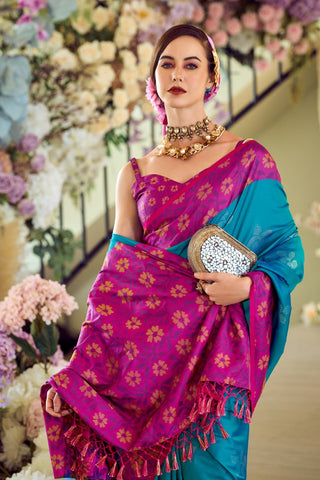 Blue & Pink Soft Silk Ikkat Border Saree_Kumari Sarees