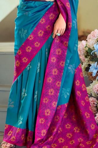 Blue & Pink Soft Silk Ikkat Border Saree_Kumari Sarees