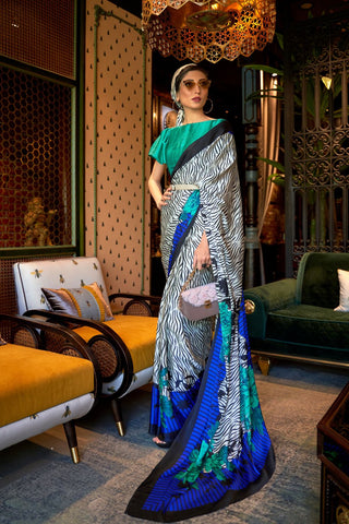 BLUE & WHITE PRINTED JAPAN SATIN CREPE SAREE