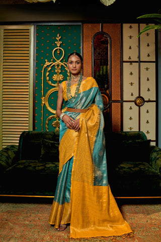 BLUE & YELLOW ZARI BASE HANDLOOM WEAVING SILK SAREE