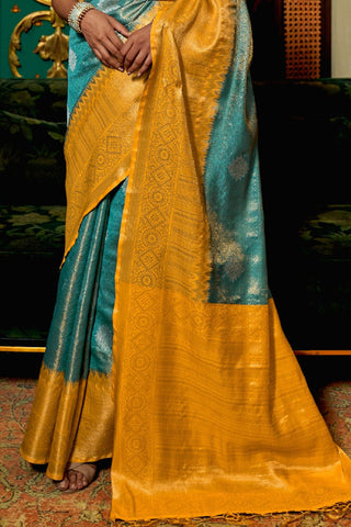 BLUE & YELLOW ZARI BASE HANDLOOM WEAVING SILK SAREE