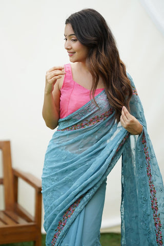 BLUE GEORGETTE SILK SAREE