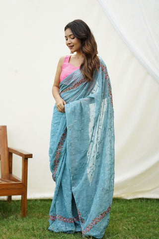 BLUE GEORGETTE SILK SAREE