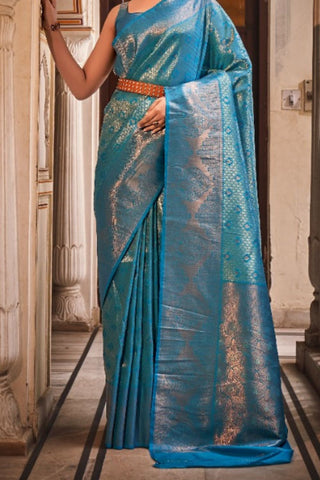 Blue Handloom Weaving Silk With Zari Saree