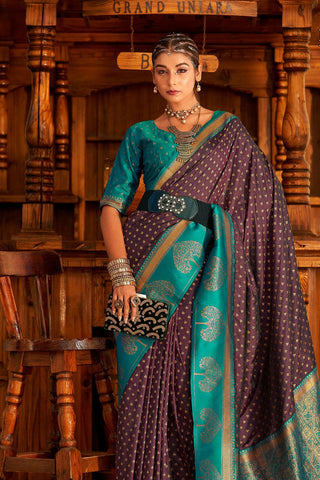 Brown & Blue Soft Banarasi Paithani Saree