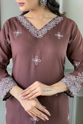 Brown Slub Embroidery Kurta Set