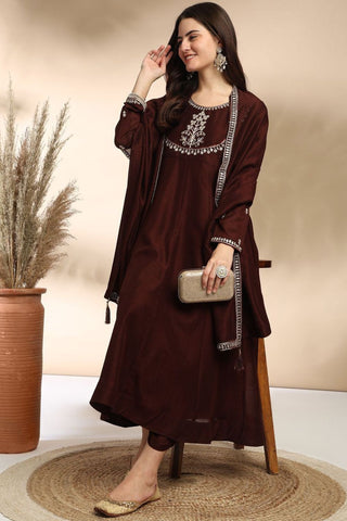 Brown Plain Silk Embroidery Kurta Set_Kumari Sarees