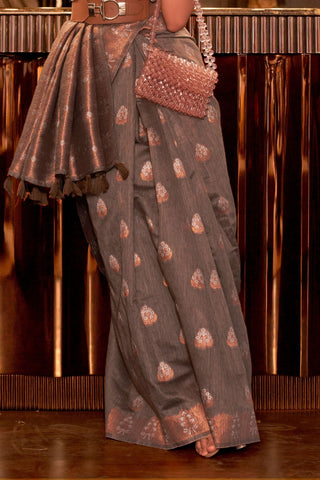 BROWN PURE LINEN COPPER ZARI WEAVING SAREE 