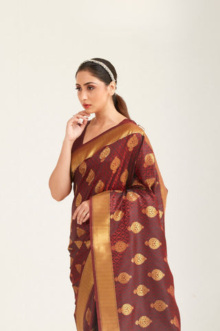 BROWN KANJEEVARAM HANDLOOM WEAVING SILK SAREE