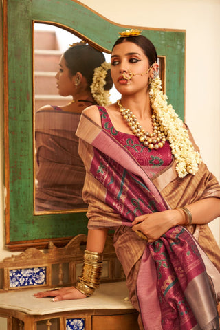 Brown Handloom Tussar Silk Saree