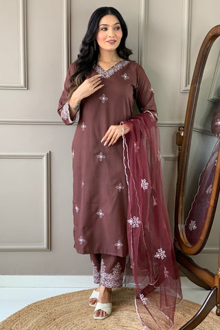 Brown Slub Embroidery Kurta Set