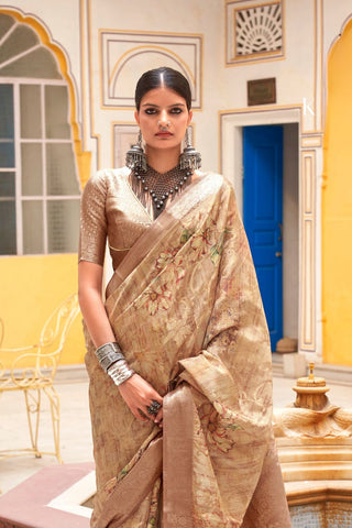 Brown Soft Cotton Silk With Floral Print Saree_Kumari Sarees