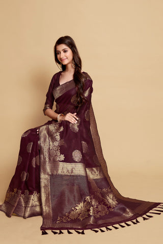 BROWN LINEN CHANDERI SAREE