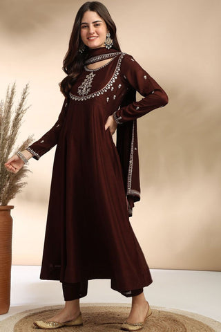 Brown Plain Silk Embroidery Kurta Set_Kumari Sarees