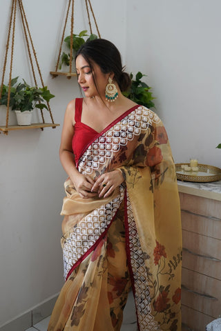 BROWN ORGANZA EMBROIDERED SAREE