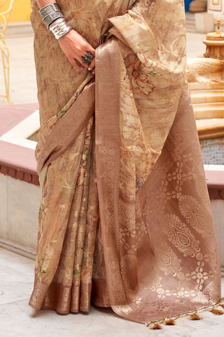 Brown Soft Cotton Silk With Floral Print Saree_Kumari Sarees