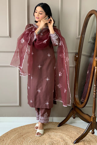 Brown Slub Embroidery Kurta Set