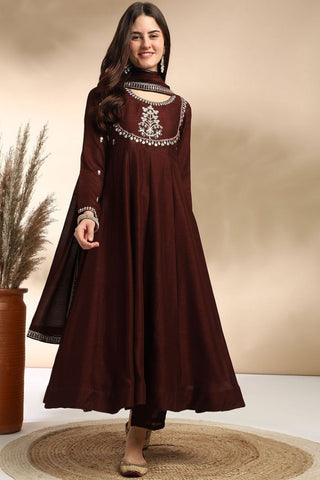 Brown Plain Silk Embroidery Kurta Set_Kumari Sarees