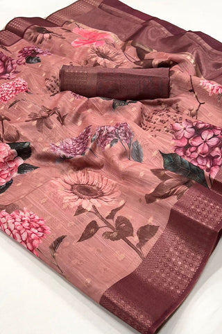 BROWN PRINTED HANDLOOM LINEN SAREE