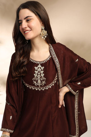 Brown Plain Silk Embroidery Kurta Set_Kumari Sarees