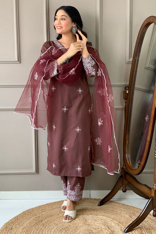 Brown Slub Embroidery Kurta Set