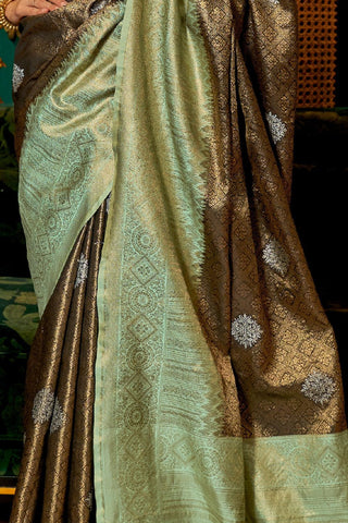 BROWN & GREEN ZARI BASE HANDLOOM WEAVING SILK SAREE