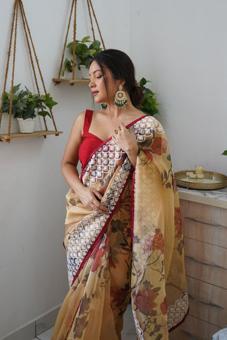 BROWN ORGANZA EMBROIDERED SAREE