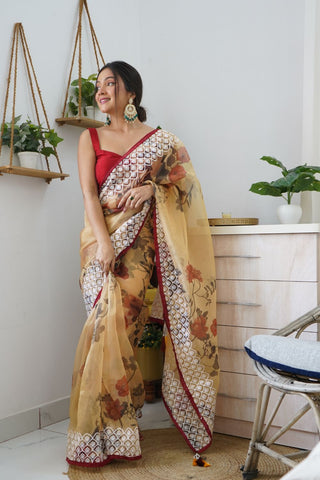 BROWN ORGANZA EMBROIDERED SAREE