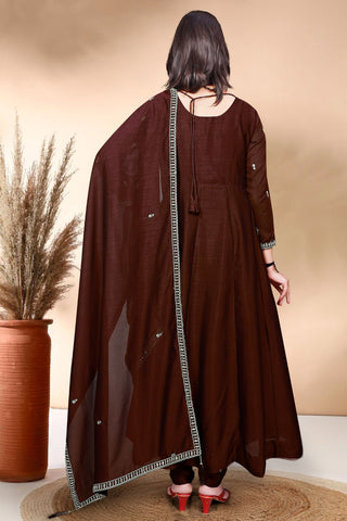 Brown Plain Silk Embroidery Kurta Set_Kumari Sarees