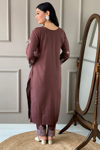Brown Slub Embroidery Kurta Set