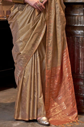 Brown Tussar Handloom Weaving Silk Saree