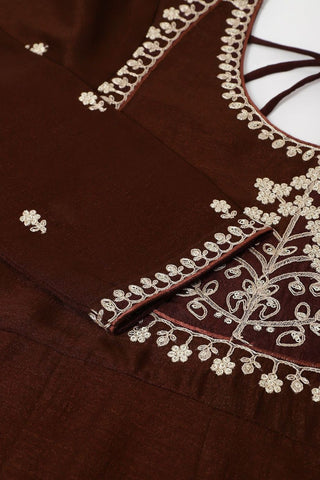 Brown Plain Silk Embroidery Kurta Set